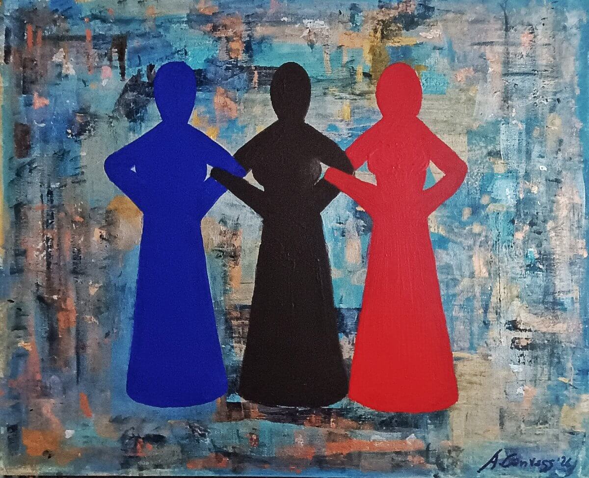 The Three Ladies, Acrylic and elements of gold and silver leaf on masonite