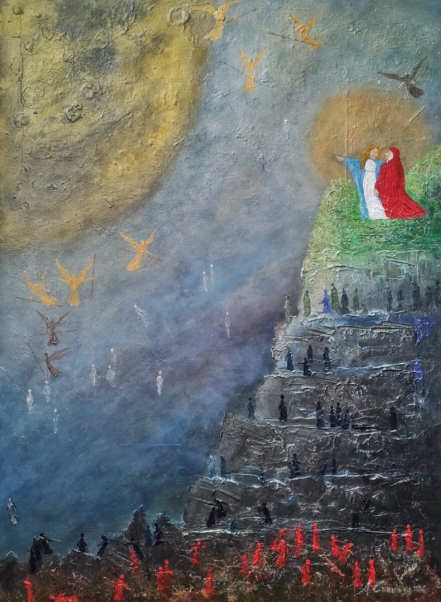 At the Gates of Heaven, Acrylic and wax pastels on masonite