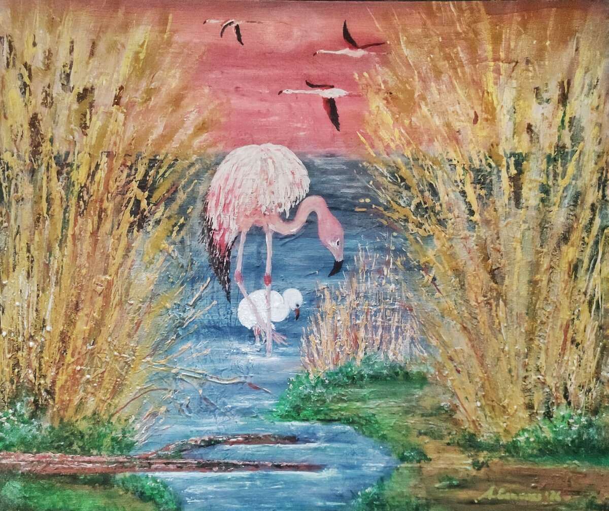 Flamingo Skies II, Acrylic on masonite