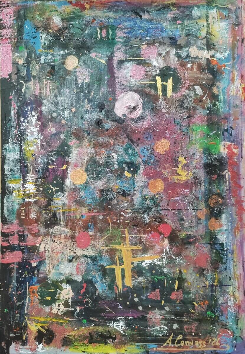 The unperceivable order in chaos, Prime, acrylic and wax pastels on masonite
