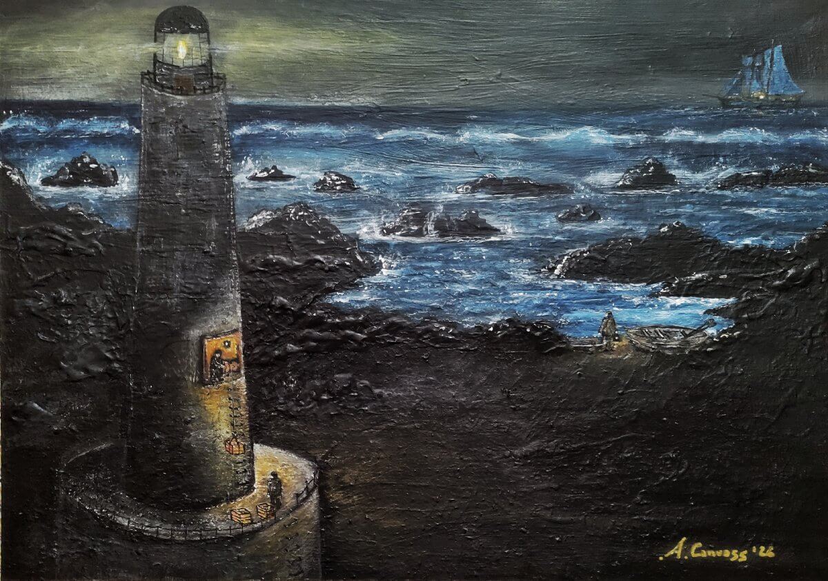 When the sea sent help, Acrylic and wax pastels on masonite
